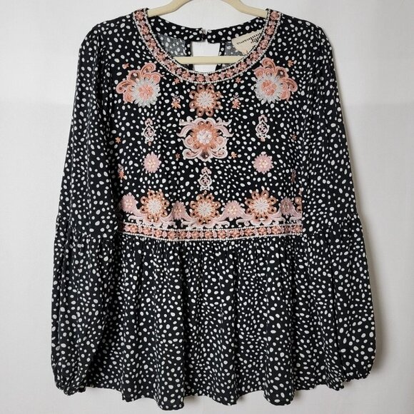Savanna Jane Floral Embroidered Polka Dot Boho Peplum Long Sleeve Blouse Top M - Picture 2 of 11